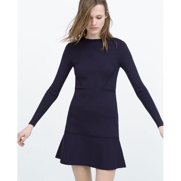ZARA Knit Drop Waist Skater Dress Navy Blue Structured Bodycon Size Medium - Picture 9 of 9